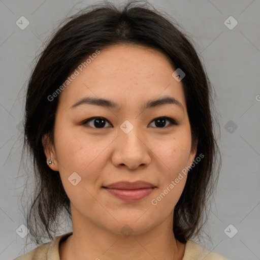 Joyful asian young-adult female with medium  brown hair and brown eyes