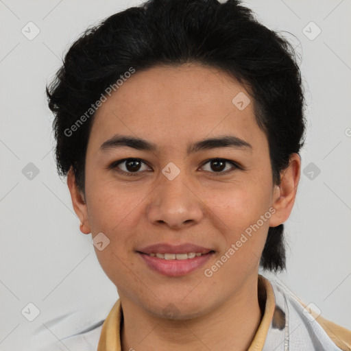 Joyful latino young-adult female with short  black hair and brown eyes