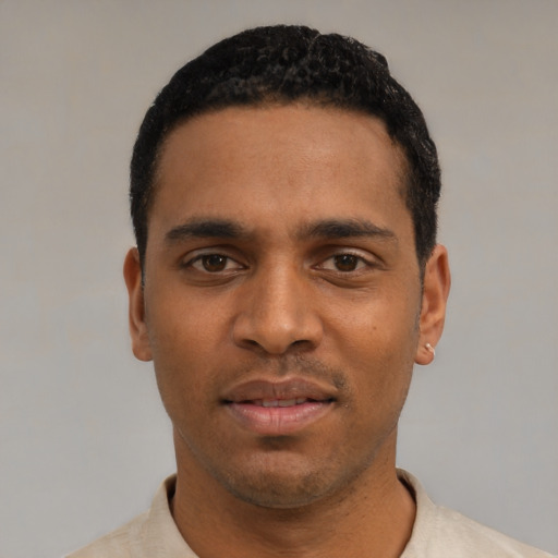 Neutral black young-adult male with short  black hair and brown eyes