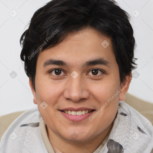 Joyful asian young-adult male with short  brown hair and brown eyes