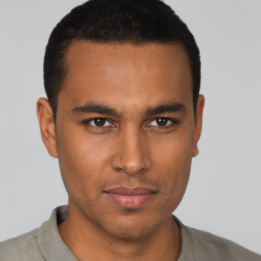 Neutral black young-adult male with short  black hair and brown eyes