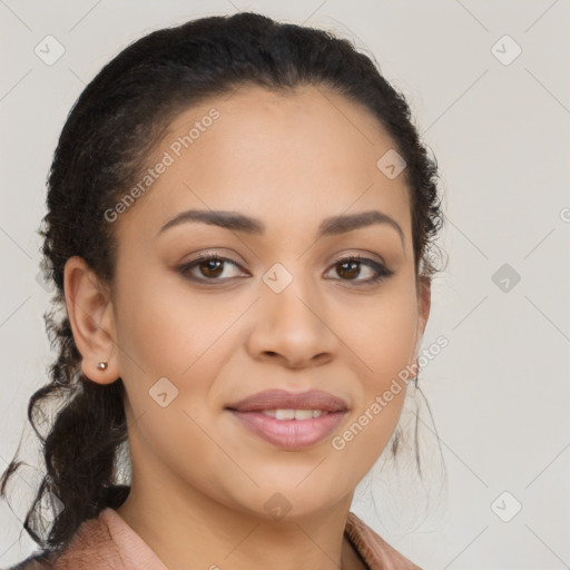 Joyful latino young-adult female with long  brown hair and brown eyes