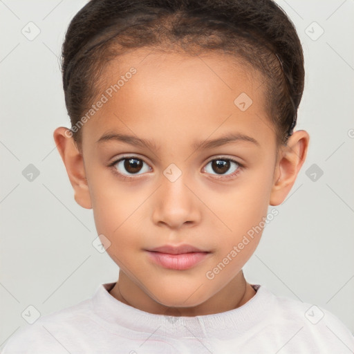 Joyful white child female with short  brown hair and brown eyes