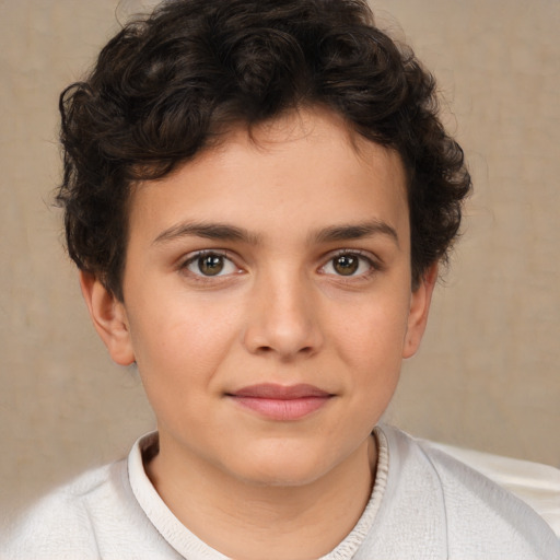 Joyful white child female with short  brown hair and brown eyes