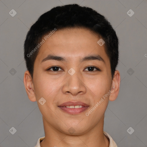 Joyful latino young-adult male with short  brown hair and brown eyes