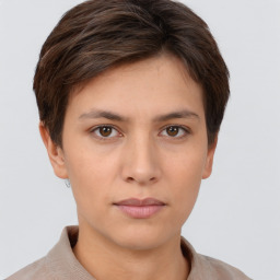 Neutral white young-adult female with short  brown hair and brown eyes