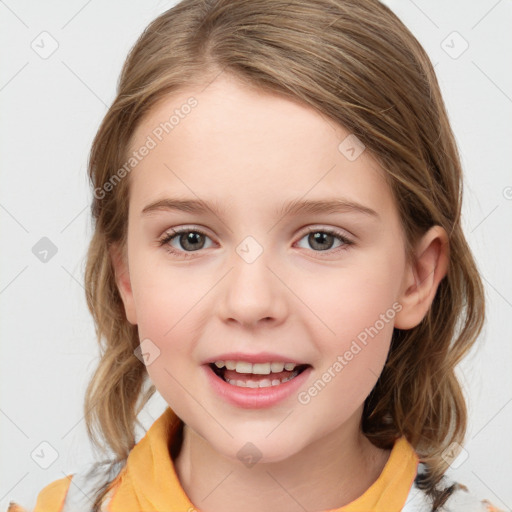 Joyful white child female with medium  brown hair and grey eyes