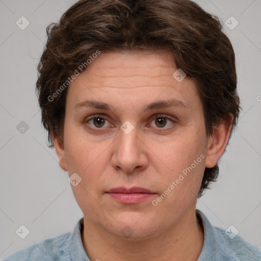 Joyful white adult female with short  brown hair and grey eyes