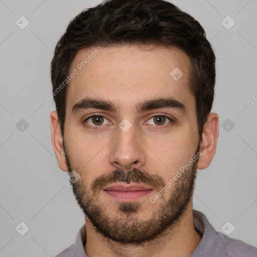 Neutral white young-adult male with short  brown hair and brown eyes