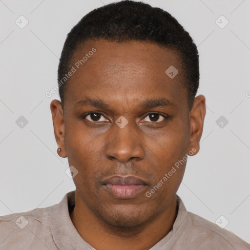 Neutral black young-adult male with short  black hair and brown eyes