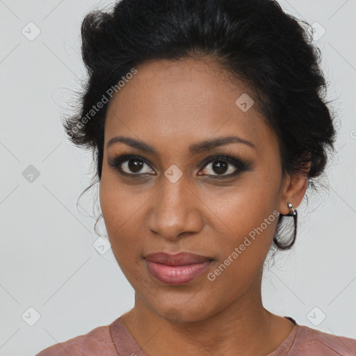 Joyful black young-adult female with medium  brown hair and brown eyes