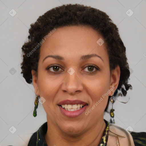 Joyful latino adult female with short  brown hair and brown eyes