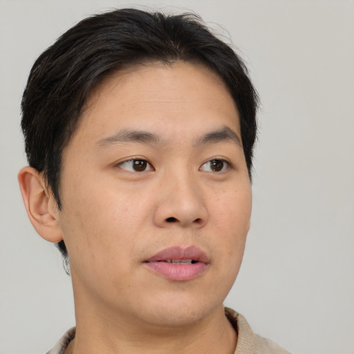 Neutral asian young-adult male with short  brown hair and brown eyes