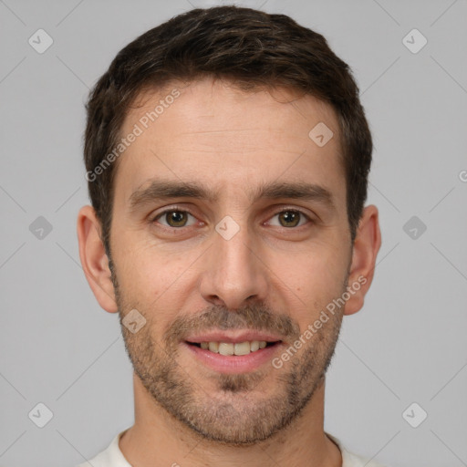 Joyful white young-adult male with short  brown hair and brown eyes