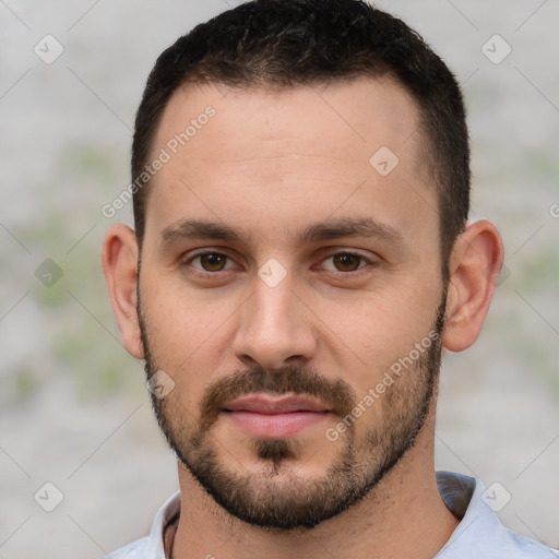 Neutral white young-adult male with short  brown hair and brown eyes