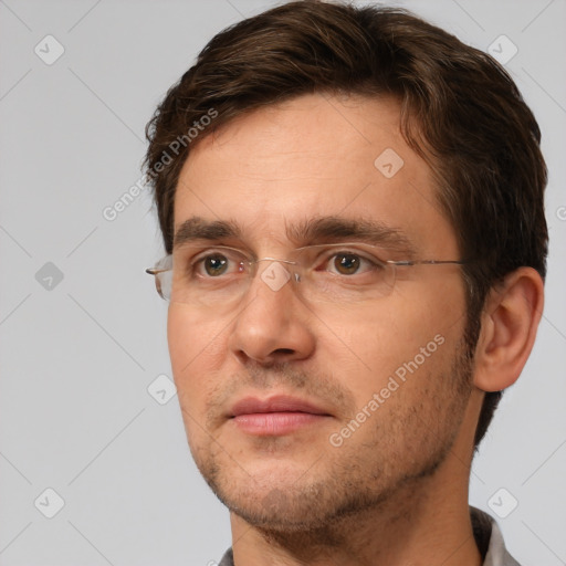 Neutral white adult male with short  brown hair and brown eyes