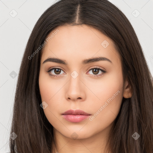 Neutral white young-adult female with long  brown hair and brown eyes