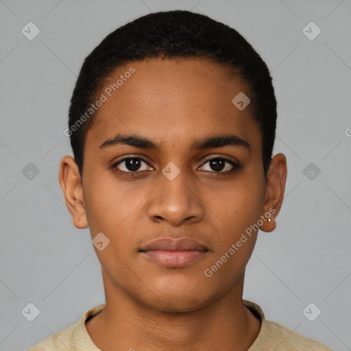 Neutral black young-adult male with short  black hair and brown eyes