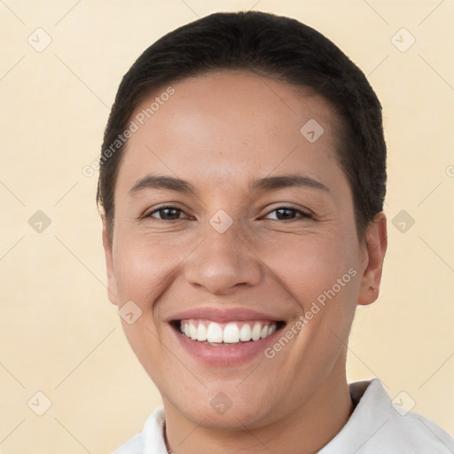 Joyful white young-adult female with short  brown hair and brown eyes