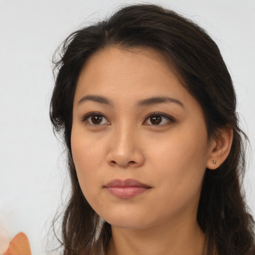 Neutral asian young-adult female with long  brown hair and brown eyes