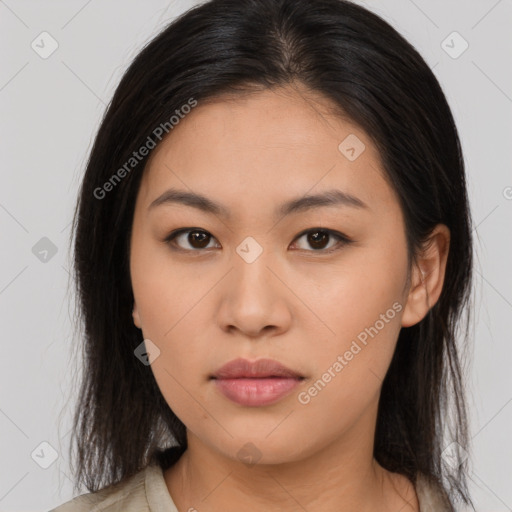 Neutral asian young-adult female with long  brown hair and brown eyes