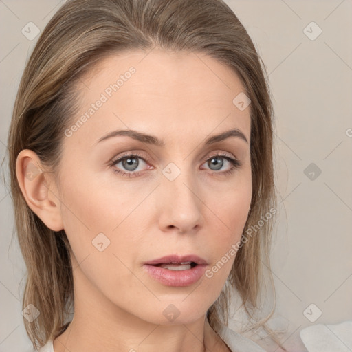 Neutral white young-adult female with medium  brown hair and brown eyes