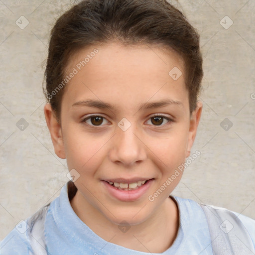 Joyful white child female with short  brown hair and brown eyes