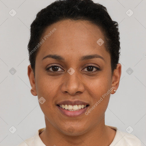 Joyful latino young-adult female with short  brown hair and brown eyes