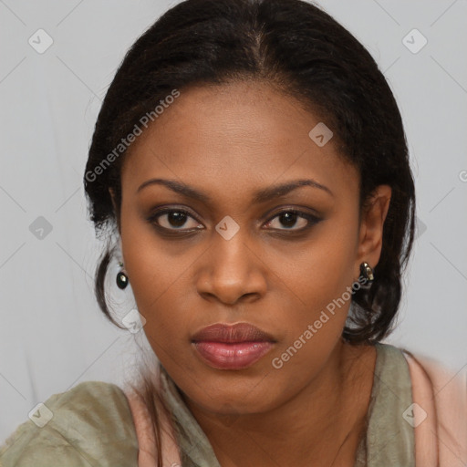 Joyful black young-adult female with medium  brown hair and brown eyes