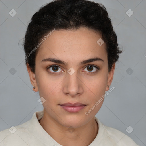 Neutral white young-adult female with short  brown hair and brown eyes