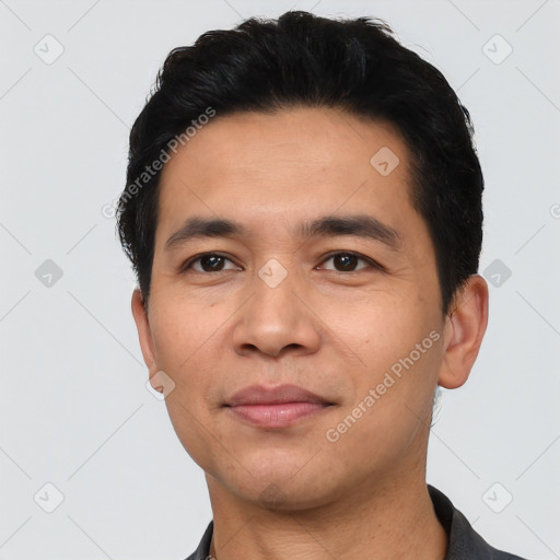 Neutral asian young-adult male with short  black hair and brown eyes