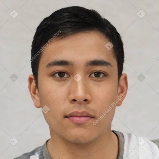 Neutral asian young-adult male with short  black hair and brown eyes