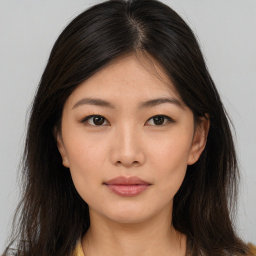 Neutral asian young-adult female with long  brown hair and brown eyes