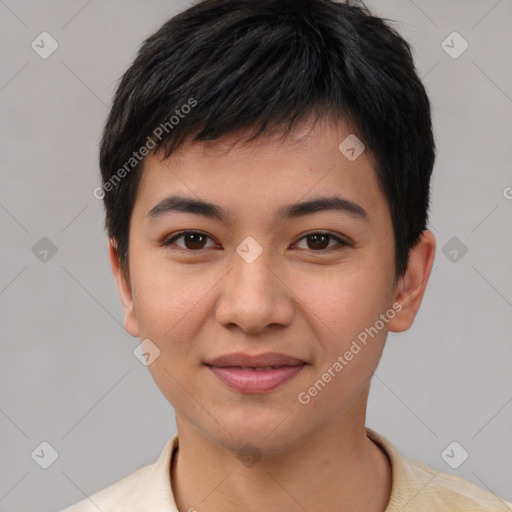 Joyful asian young-adult male with short  black hair and brown eyes