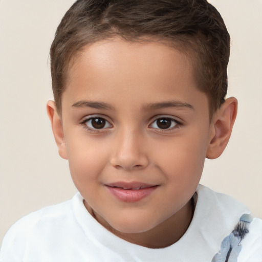 Joyful white child female with short  brown hair and brown eyes