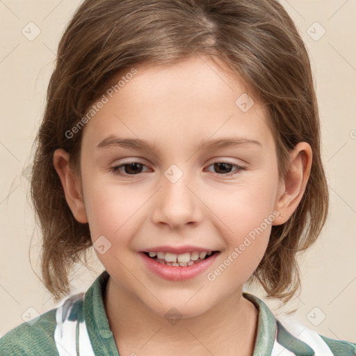 Joyful white child female with medium  brown hair and brown eyes