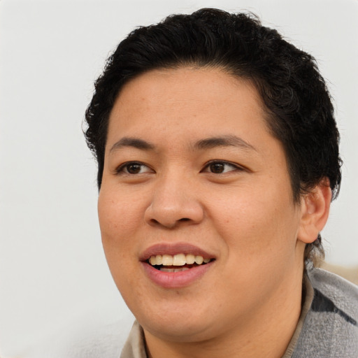 Joyful asian adult female with short  brown hair and brown eyes
