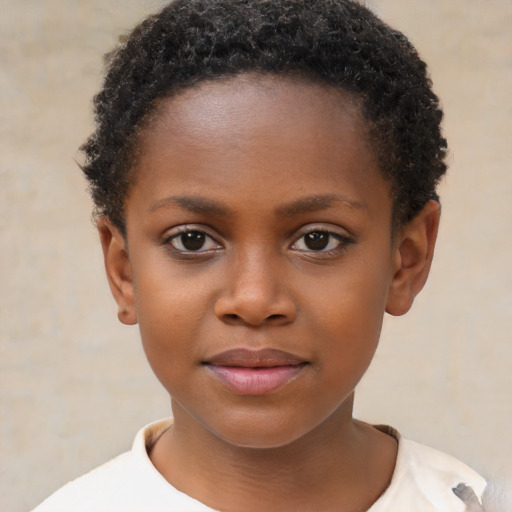 Joyful black child female with short  brown hair and brown eyes