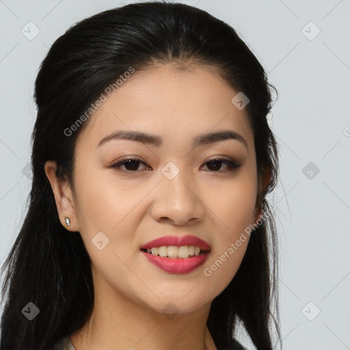 Joyful asian young-adult female with long  brown hair and brown eyes