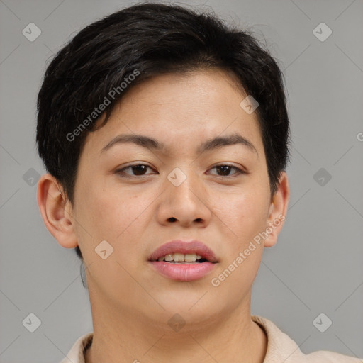 Joyful asian young-adult female with short  brown hair and brown eyes