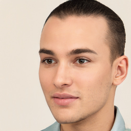 Neutral white young-adult male with short  brown hair and brown eyes