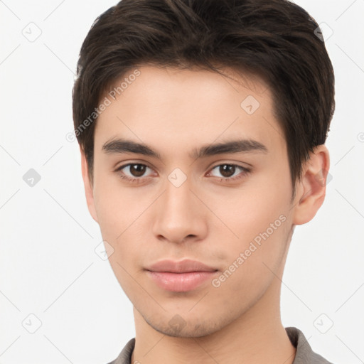 Neutral white young-adult male with short  brown hair and brown eyes