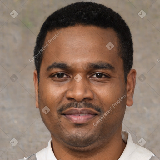 Joyful black young-adult male with short  black hair and brown eyes