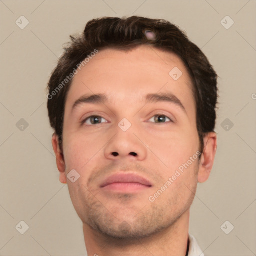 Neutral white young-adult male with short  brown hair and brown eyes