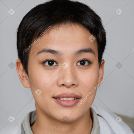 Joyful asian young-adult female with short  brown hair and brown eyes