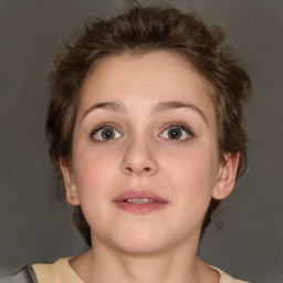 Neutral white young-adult female with short  brown hair and grey eyes