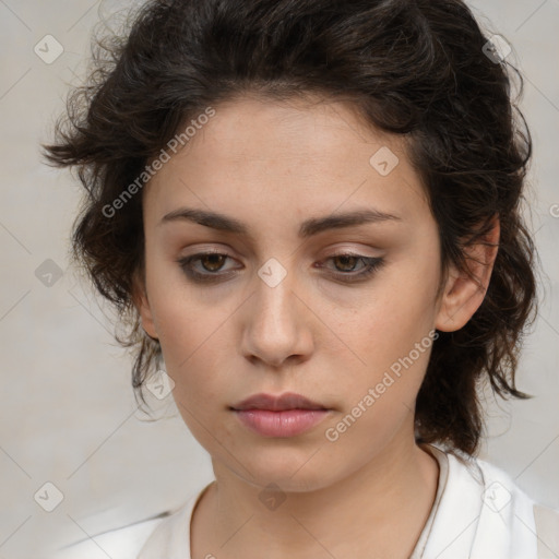 Neutral white young-adult female with medium  brown hair and brown eyes