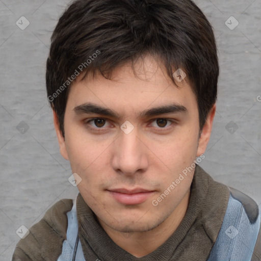 Neutral white young-adult male with short  brown hair and brown eyes