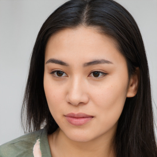 Neutral asian young-adult female with long  brown hair and brown eyes