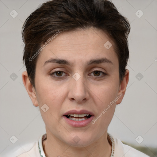 Joyful white young-adult female with short  brown hair and brown eyes